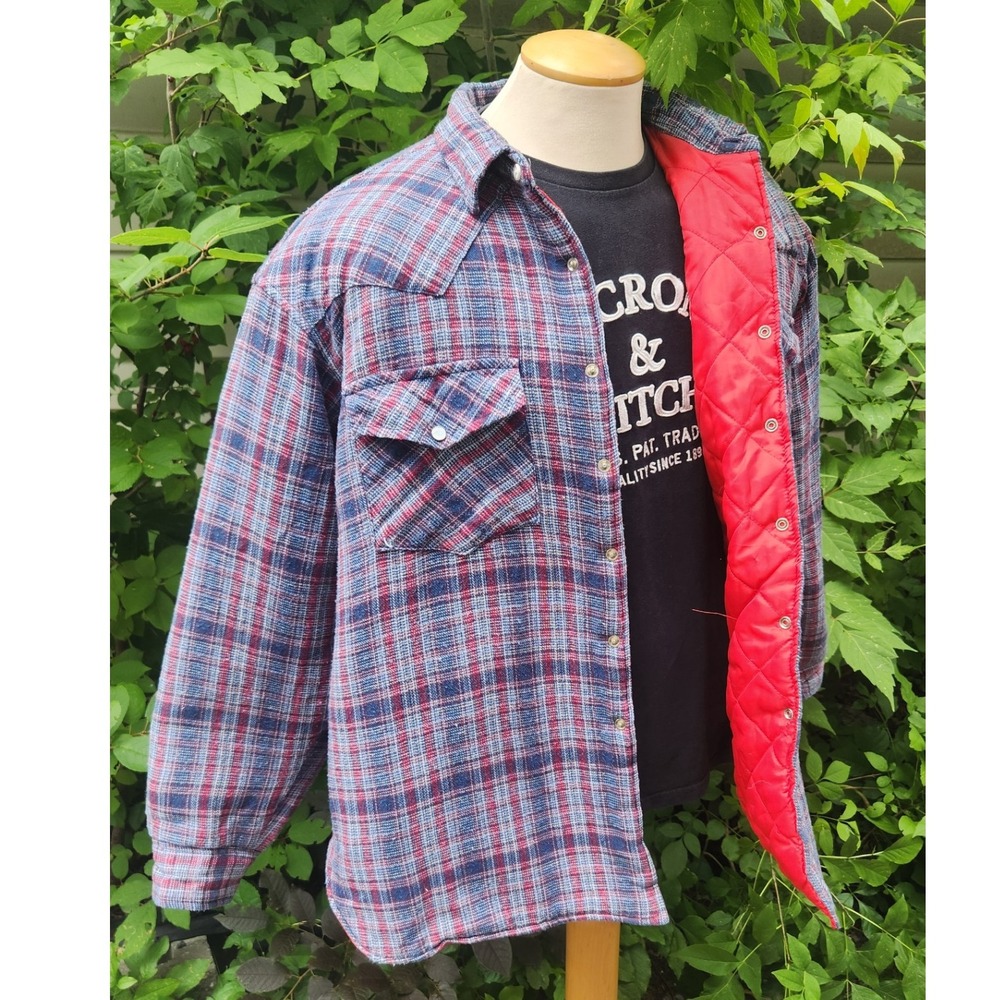 Vintage y2k Quilted Blue/Red Flannel Chore Jacket Western Plaid Snap Button